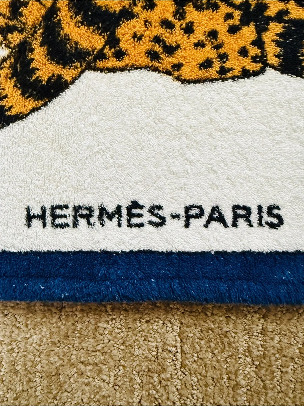 Vintage Hermes Les Leopards Cotton Terry Beach Towel Navy White GM Drap Plage